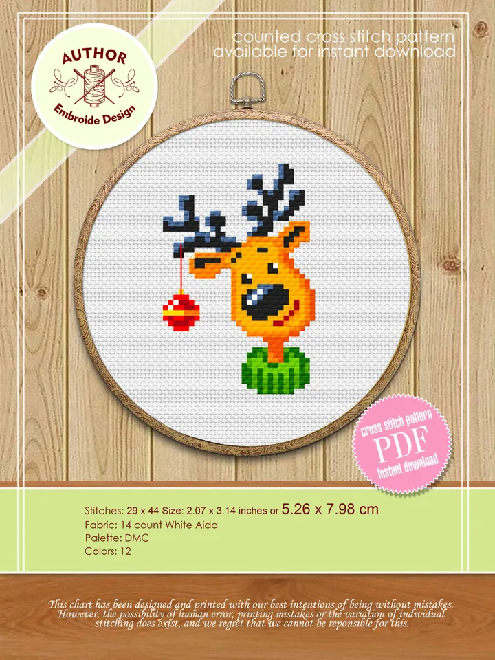 Tiny Christmas cross stitch pattern download PDF, Funny christmas reindeer cross stitch chart, Christmas deer embroidery PDF Home decor #N10