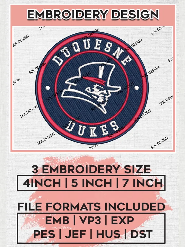 NCAA Duquesne Dukes Round Logo Embroidery, NCAA Duquesne Dukes Logo Embroidery files, NCAA Rhode embroidery designs, Machine embroidery designs, Digital Download