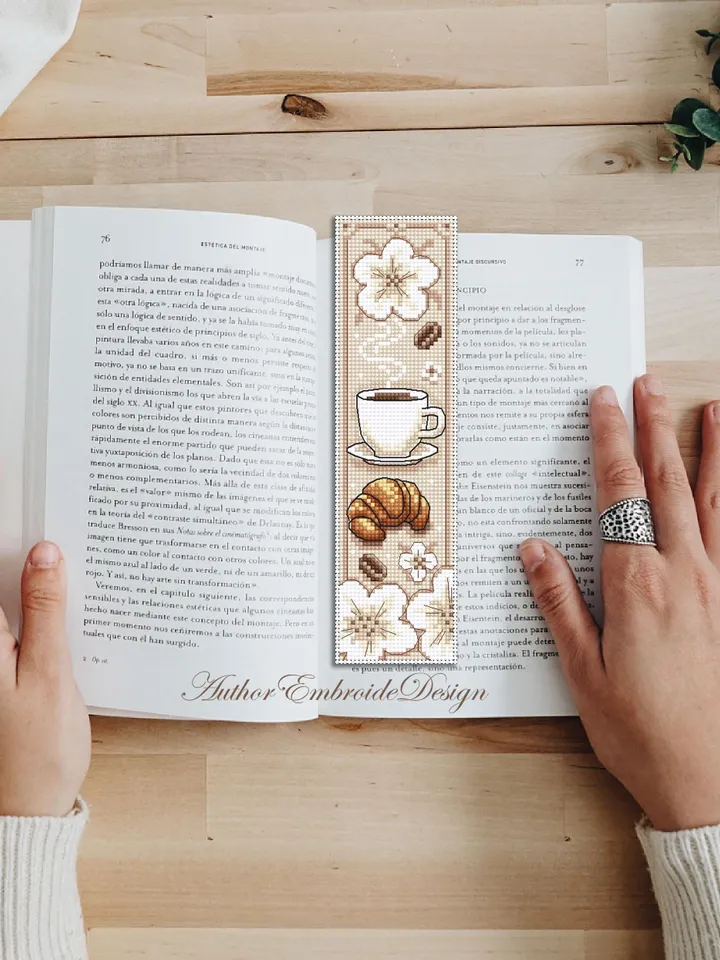 Coffee bookmark cross stitch pattern PDF download Coffee cup and croissant cross stitch chart Bookmark pattern digital PDF Coffee gift #B374