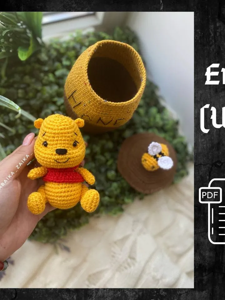 PDF Crochet Pattern Winnie the Pooh in a honey Pot, Small Toy Pattern, Animal Pattern, Amigurumi teddy bear pattern, Crochet animal