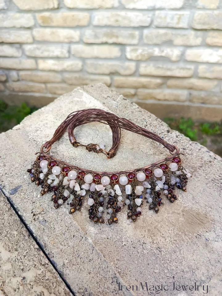 Copper Necklace with Rose Quartz, Garnet and Glass Beads
