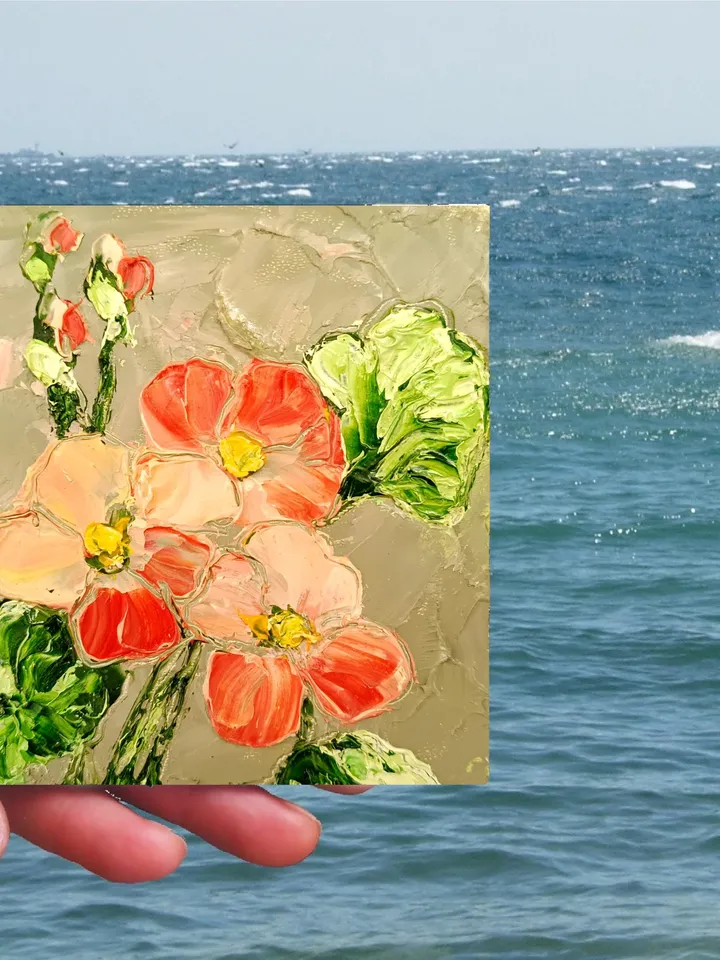 Nasturtium Art Flower Original Painting Impasto Oil Painting 4x4 painting Lemons Small Painting by ArtProkopaloSv