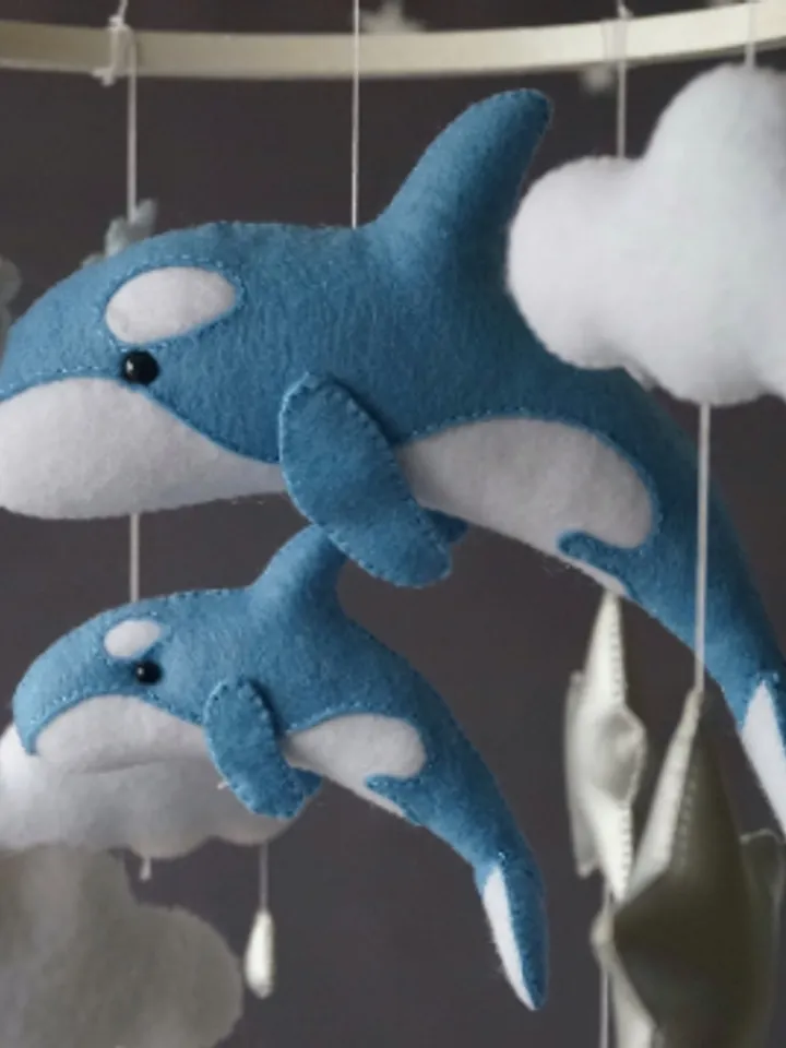 Whales baby mobile for nursery decor, hanging clouds and stars handmade hypoallergenic materials