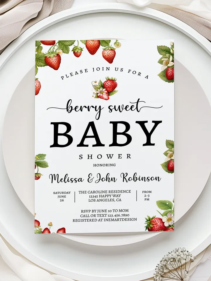 Editable Strawberry Baby Shower Invitation Berry Sweet Baby Shower Invite Berry Sweet Baby Shower Invite Printable BSH001