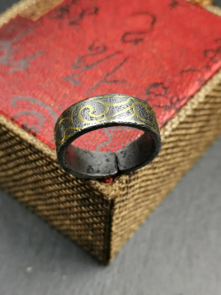 Gandhanra Unique Tibetan Cloud Pattern Ring | Cold Iron & Copper Inlay | Adjustable US Size 10 | Protection Jewelry
