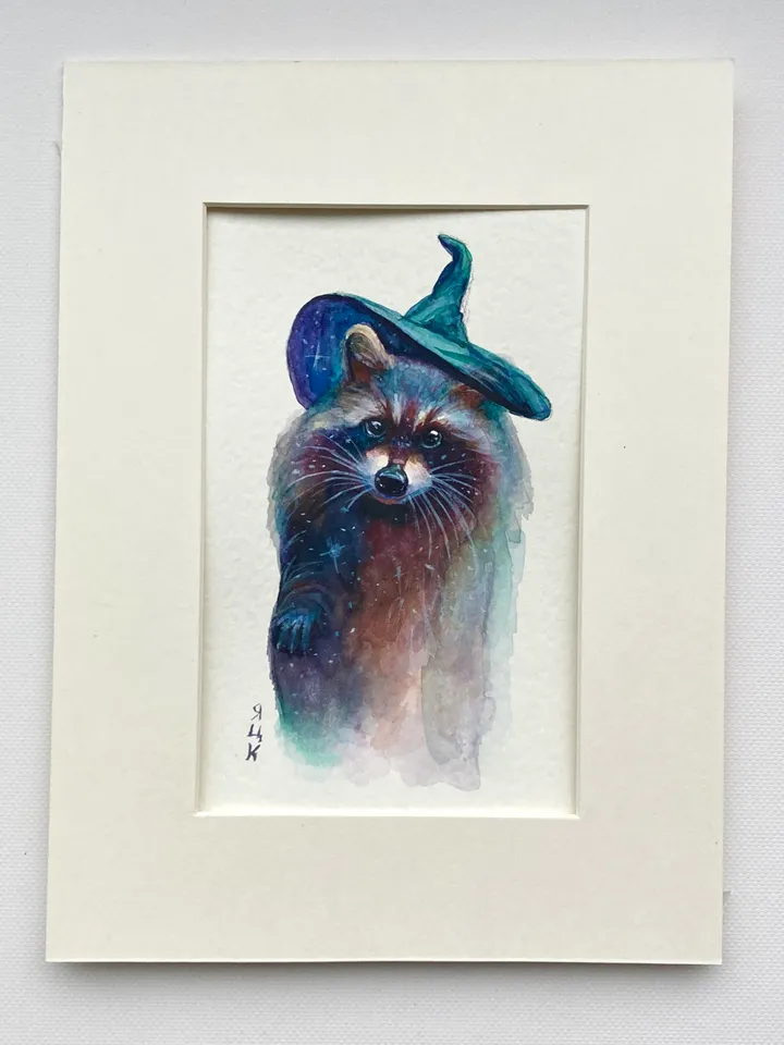 Raccoon Painting Original Watercolor Painting Raccoon Gift Small Animal Art Raccoon Illustration Witch Raccoon