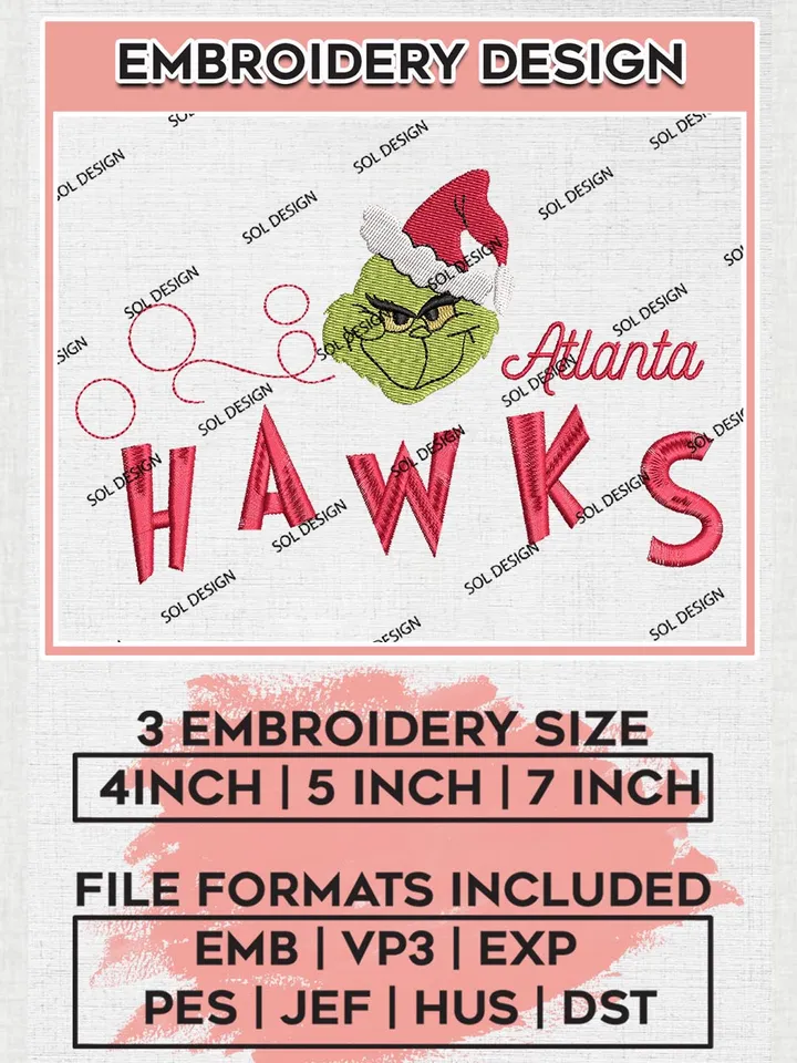 Grinch Atlanta Hawks Embroidery Designs, Grinch Christmas Embroidery Files, NBA Atlanta Hawks Machine Embroidery Designs, NBA Hawks Logo, NBA Christmas Machine Embroidery Design, Digital Download