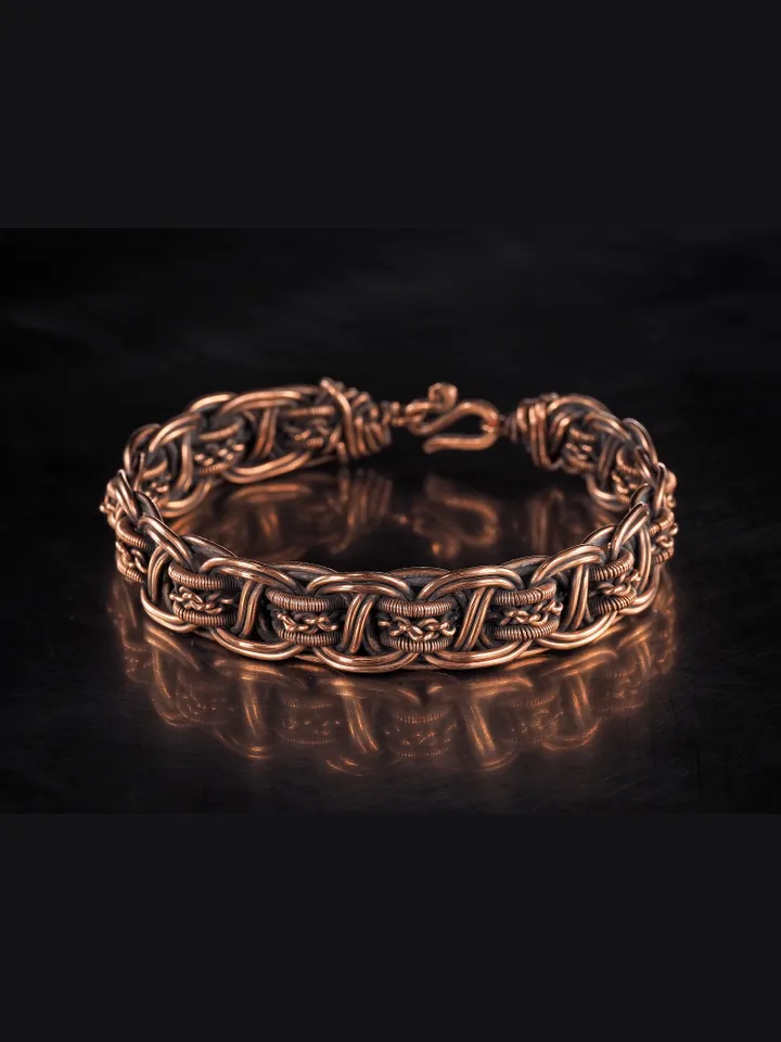 Wire wrapped bracelet, Unique 7th 22nd Anniversary gift idea, Art Nouveau antique style, One of kind braided statement bangle, Handmade oxidized pure copper jewelry, Pain relief, EMF protection