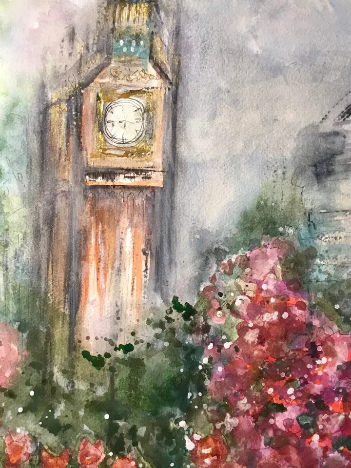 London cityscape original watercolour painting wall art,London Big Ben painting,flowers painting,England painting,wall decoration,gift.