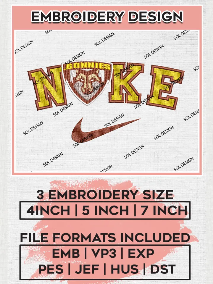 Nike St. Bonaventure Bonnies Machine Embroidery Design, NCAA St Bonaventure Bonnies Embroidery Design files, NCAA Logo Embroidery Designs, NCAA Machine Embroidery Designs, Digital Download