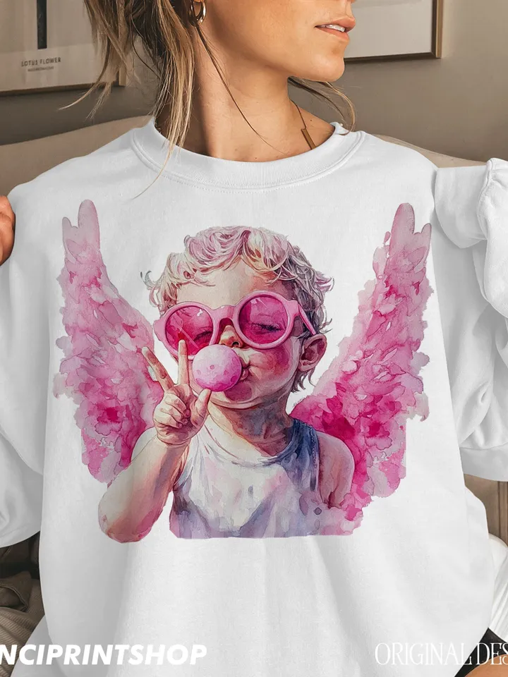 Retro Cupid Valentines Day Blowing Bubble PNG, Vintage Valentines Day png, Funny Cupid With Sunglasses png, Valentines Day png, Cupid png