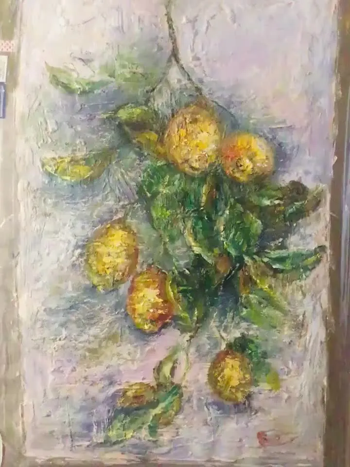 Lemons original oil painting on unstretched canvas,textured impressionistic painting,Monet inspired,dining room,kitchen decoration,art gift.