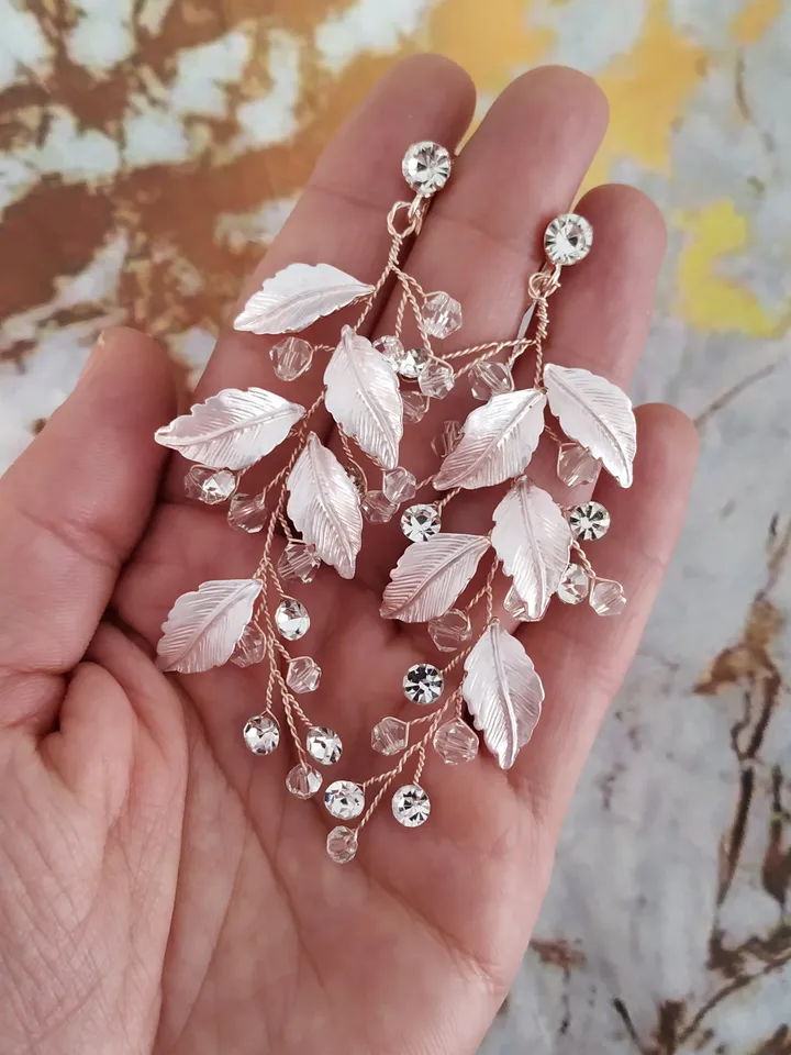 Swarovski Crystal Bridal Drop Earrings | Leaf Wedding Earrings | Boho Crystal Drop Earrings | Rose Gold Crystal Statement Wedding Earrings