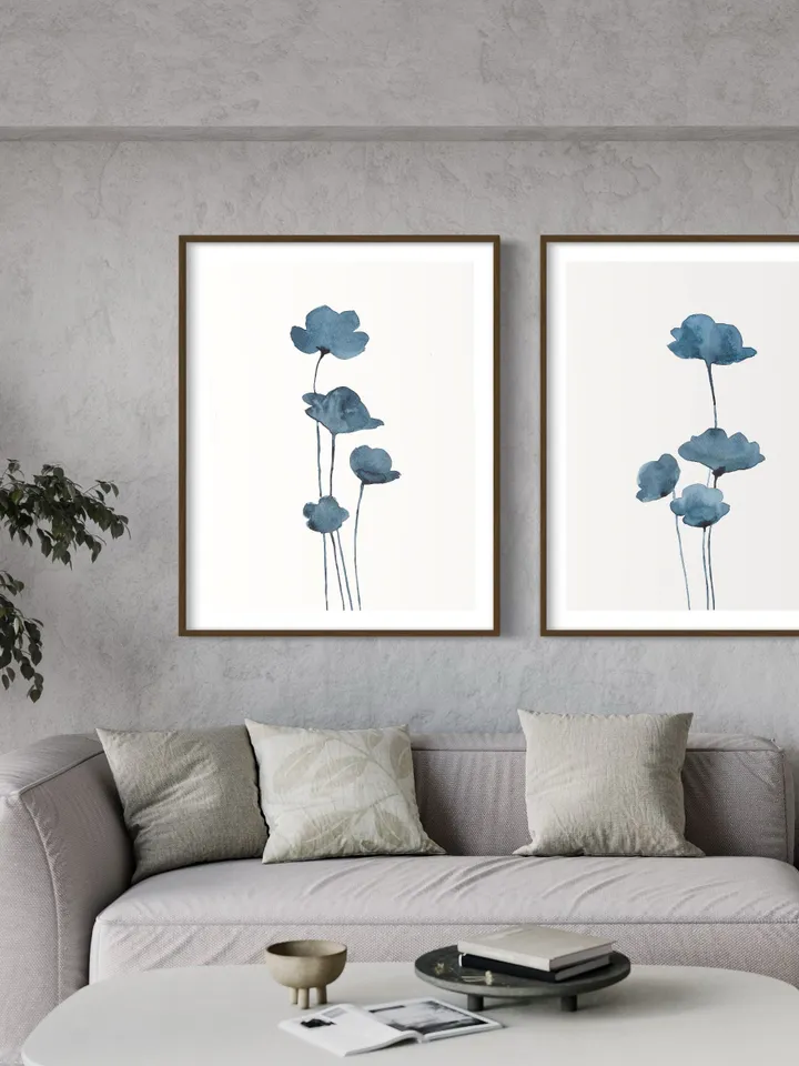 Blue Watercolor Flowers Wall Art Abstract Prints Navy Blue Wall Art Indigo Botanical Navy Blue And White Gallery Wall Set Of 2 Art Prints