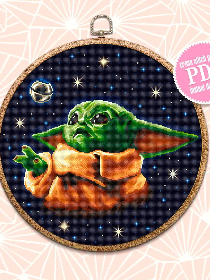 Green baby Yoda Grogu  cross stitch pattern instant download PDF, Fantasy movie Mandalorian heroes cross stitch chart, Fun art,  Star Wars Characters, Starry night sky #SW1