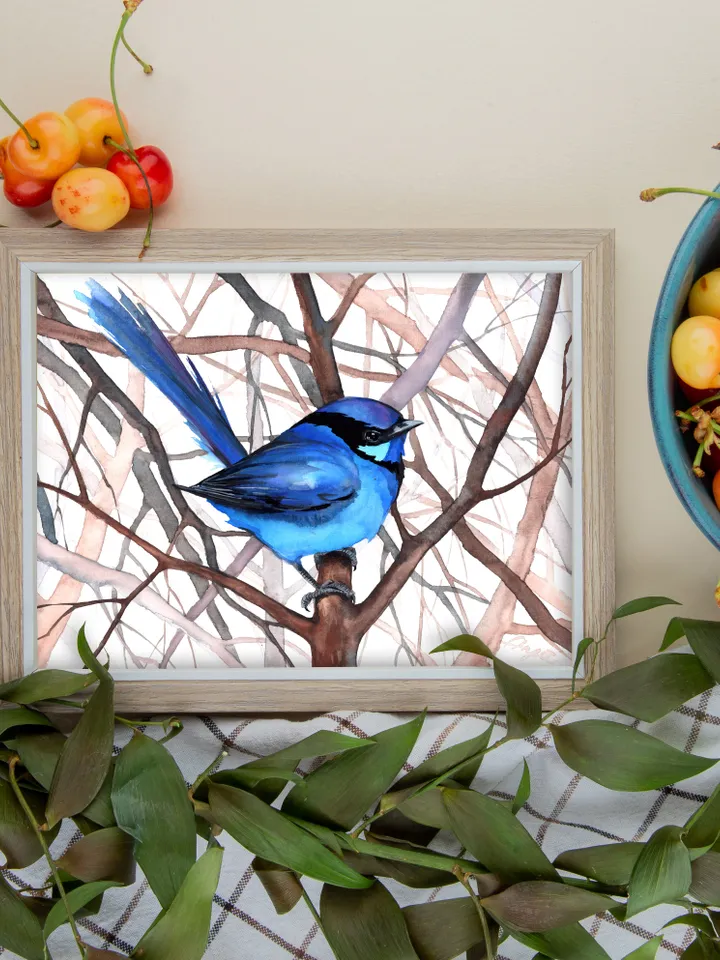 Blue fairy wren original watercolor, bird on the branch painting, bluebird portrait room decor, 8x11 in wall art for bird lovers handmade by Anne Gorywine