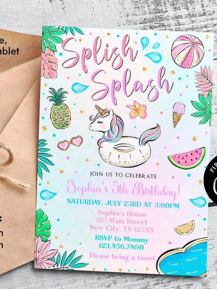 Splish Splash Birthday Invitation, Unicorn Pool Party Invitation Girl, Splash Pad Invitation Instant Download Editable Template