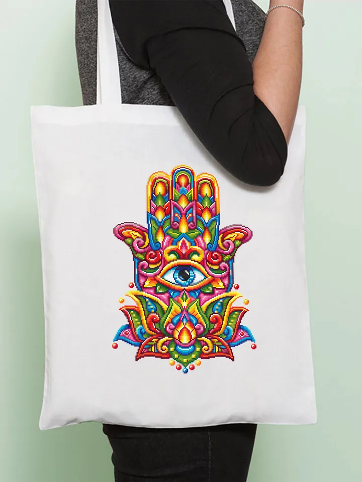 Hamsa hand cross stitch pattern PDF download Lotus flower mandala pattern PDF, Colorful Hand of Fatima cross stitch, Evil eye hamsa #M222