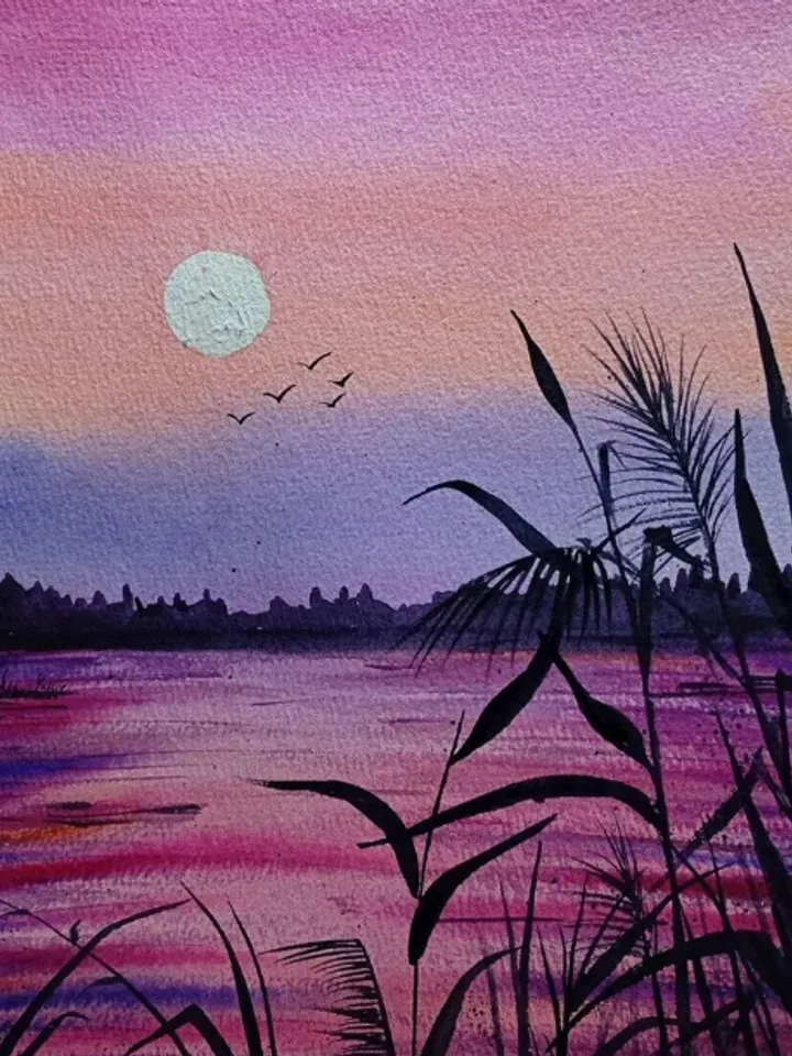 Painting, watercolor “Evening on the lake”, size 21x 27cm