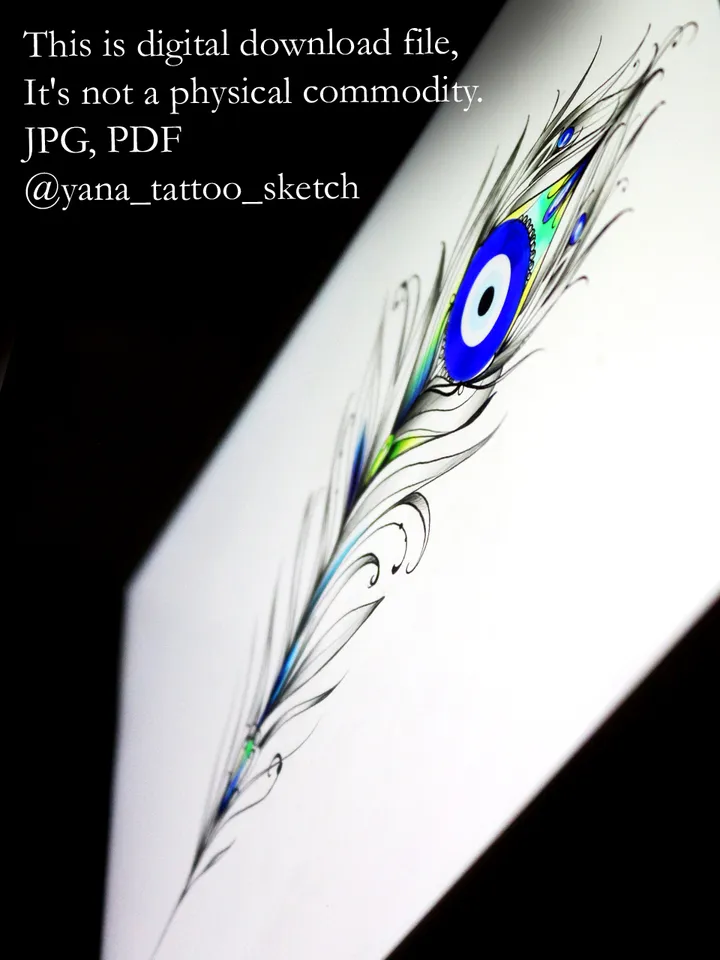 Evil Eye Tattoo Design Peacock Feather Evil Eye Tattoo Idea Flash Sketch, Instant download JPG, PDF
