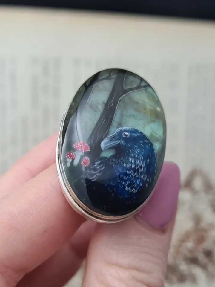 Raven ring Labradorite ring Stone painting Aaa large labradorite crow ring
