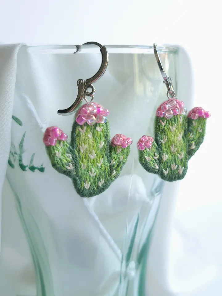 Embroidered Cactus Earrings, Handmade Unique Jewelry, Whimsical Handcrafted Gift, Quirky Jewelry Accessory, Original Gift for Her, Boho Design