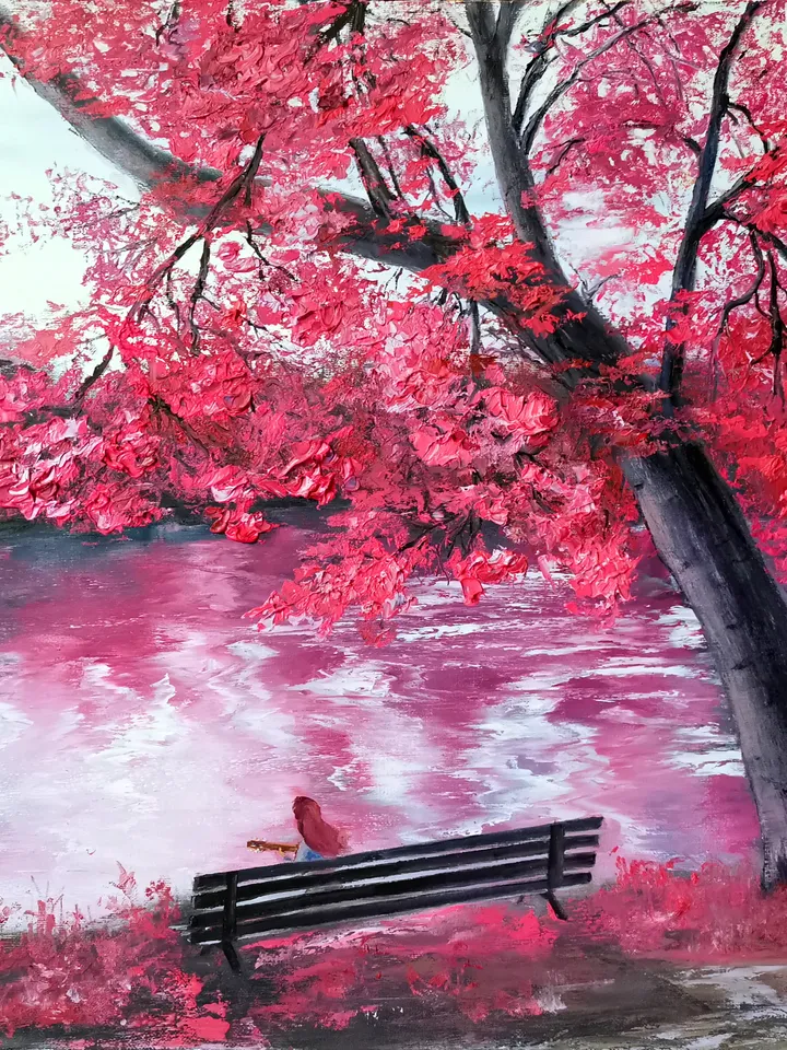 Impasto Art Original large Oil Painting Bright Landscape Woman Girl Guitar Artist Svinar Oksana