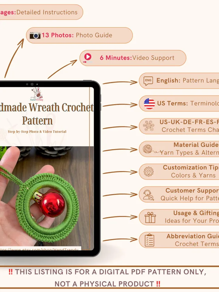 Handmade Wreath Crochet Pattern, Festive Ornament with Bauble PDF, DIY Christmas Décor for Beginners