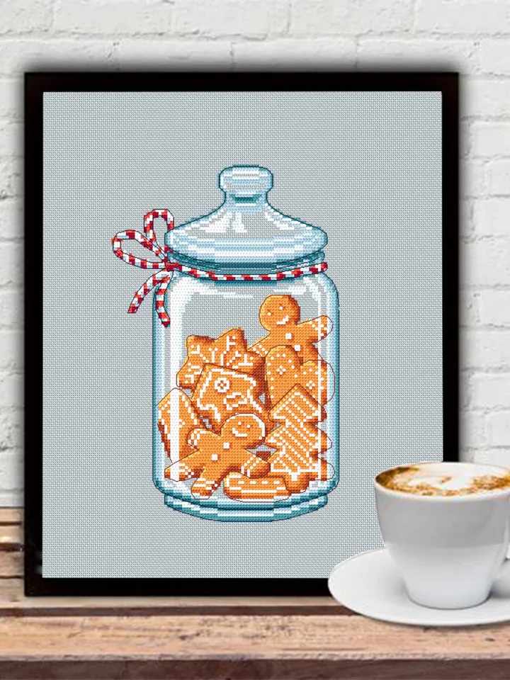 Christmas gingerbread cross stitch pattern download PDF, Christmas jar cross stitch chart, Holiday hand embroidery PDF, Sweet Christmas #N85