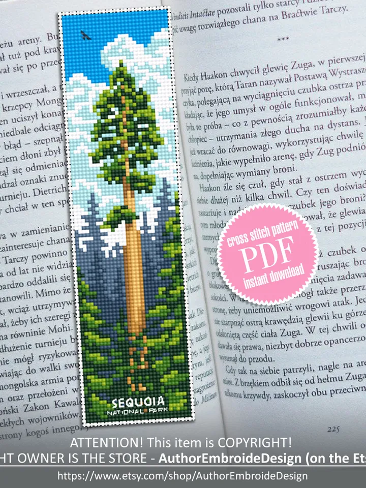 Sequoia National park bookmark cross stitch pattern PDF download Nature cross stitch chart, Digital bookmark pattern, Forest landscape #B175