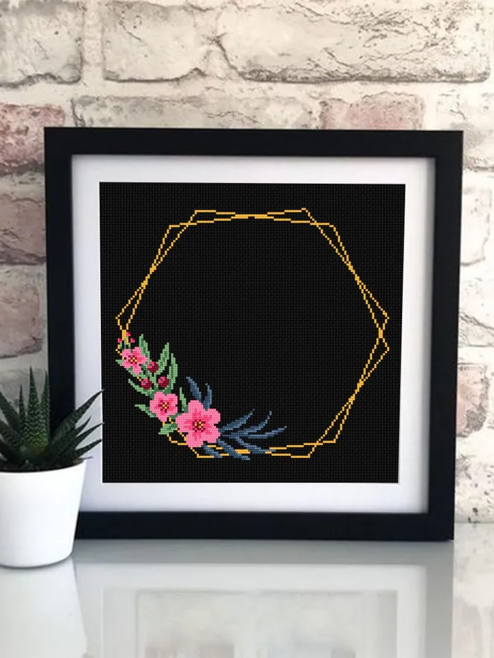 Flower frame cross stitch pattern PDF download Your text here, Simple wreath cross stitch chart, Pentagon frame pattern digital PDF #Y6