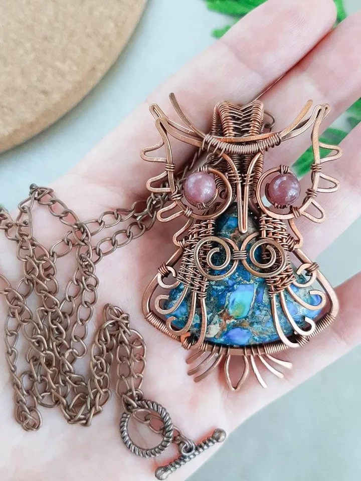 Elegant Handmade Pendant with Natural Stone in Copper Wire Wrapping
