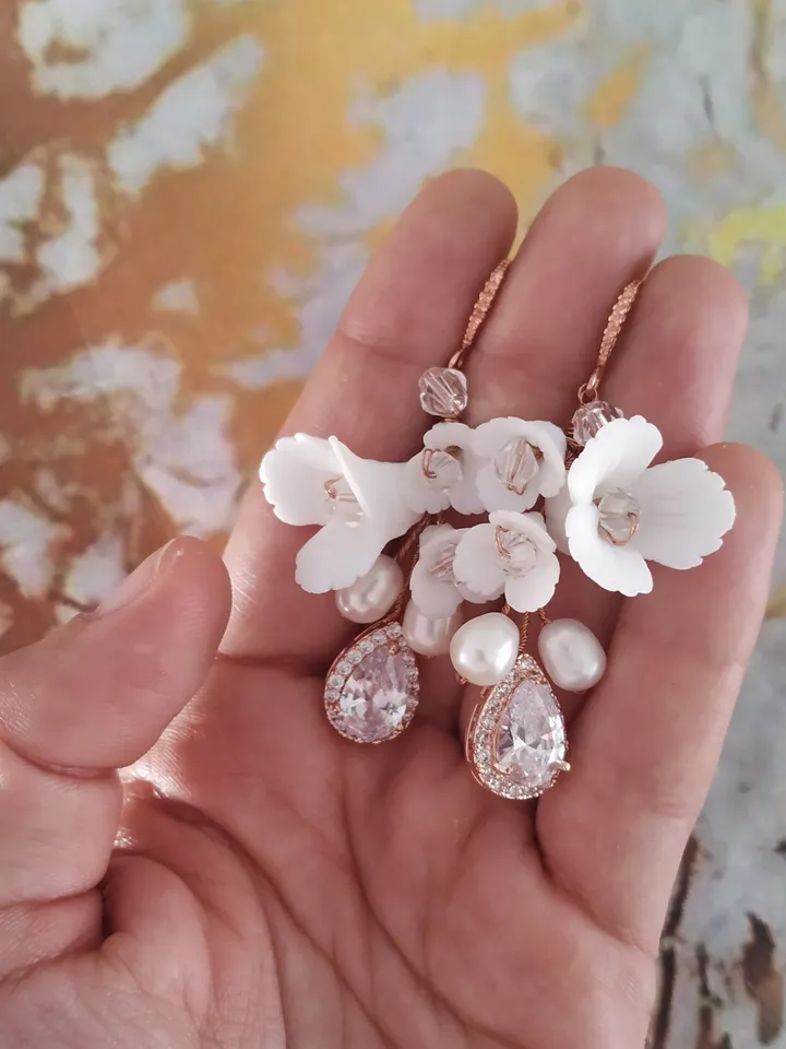 Porcelain Flower Rose Gold Earrings, Diamond Wedding Earrings, Freshwater Pearl Bridal Earrings, Boho Wedding Earrings, Boho Bridal Earrings