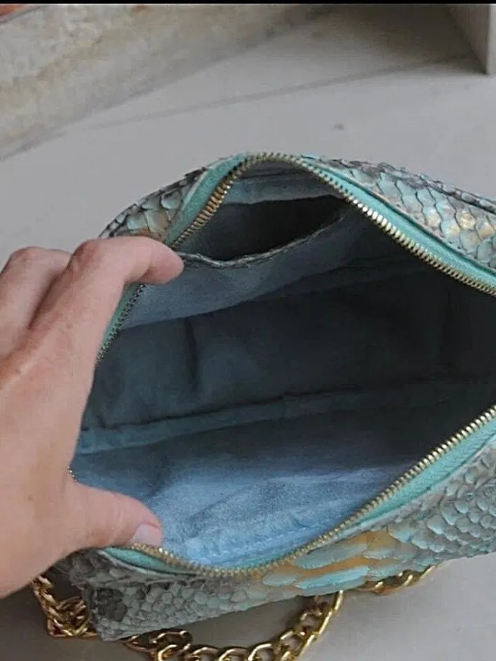 Genuine python skin crossbody blue sport bag with pocket | designer women leather handbag | snakeprint bag | crossbody purse | gift for her
