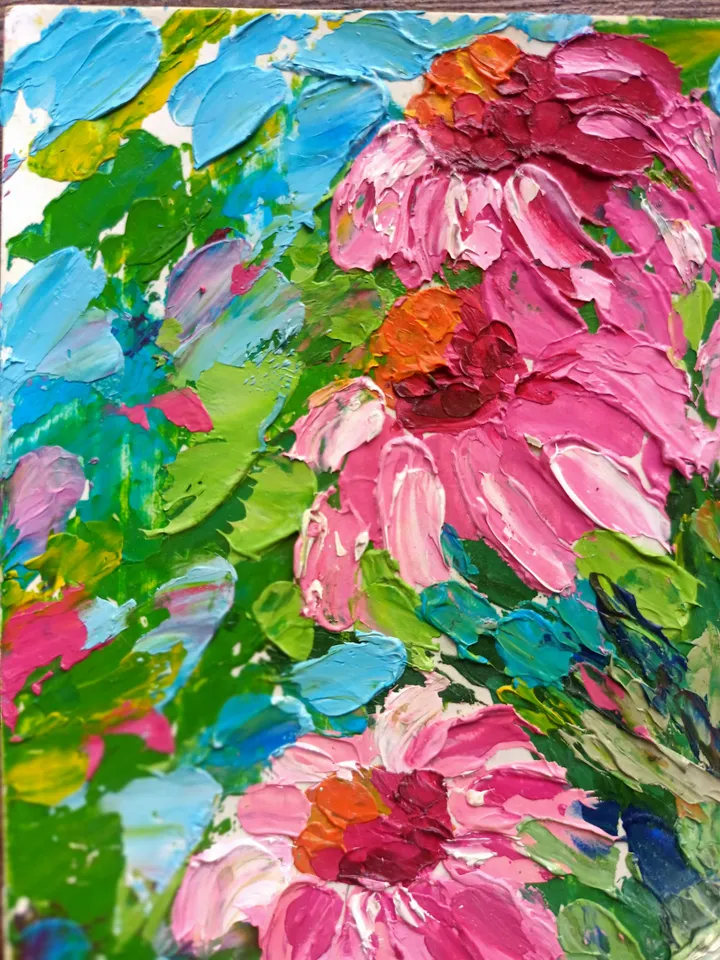 Oil painting bouquet of Echinacea flowers