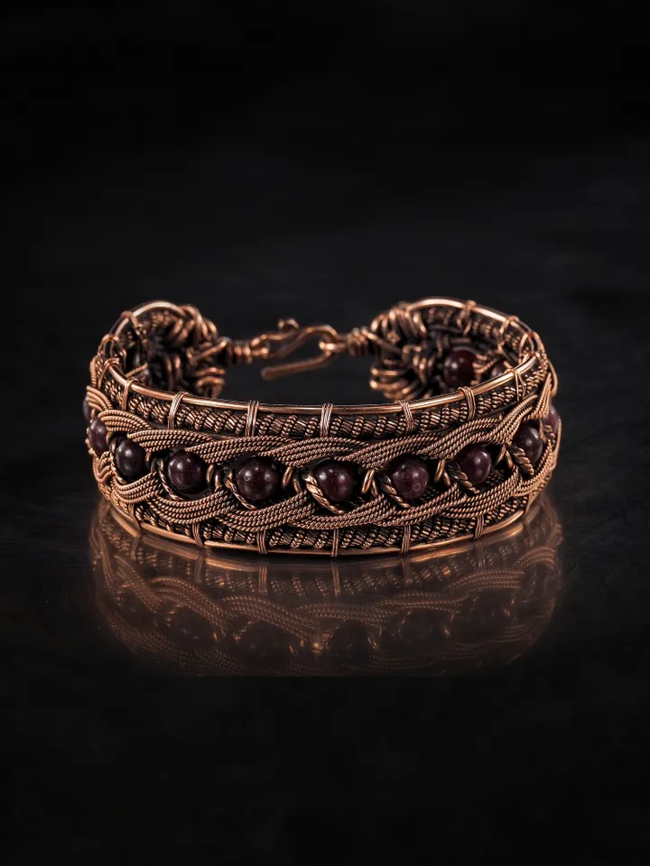 Copper wire wrapped garnet bracelet Unique bangle 7th Wedding Anniversary