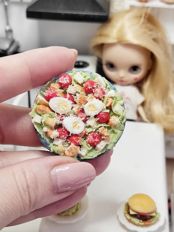 Caesar salad with chicken, salad for dolls, food for dolls house, food miniature, dollhouse miniatures, mini food