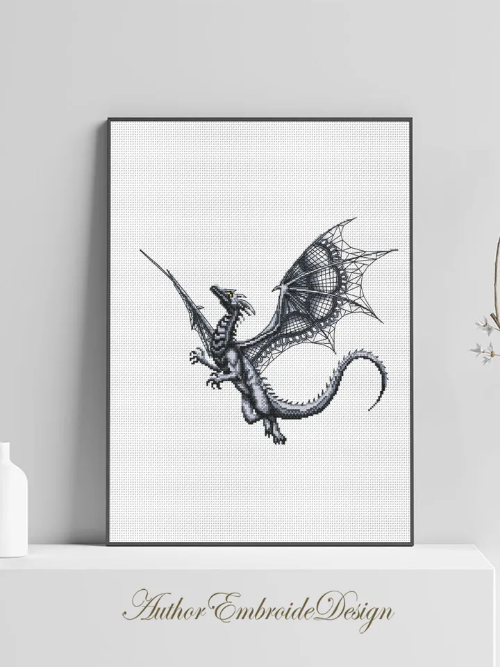 Dragon cross stitch pattern download PDF Fantasy animal cross stitch chart, Blackwork patterns Dragon embroidery PDF, Gothic home decor #K39