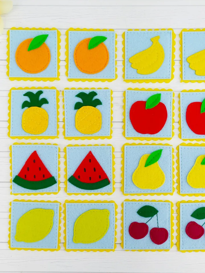 Fruit felt memory game pattern PDF, Felt matching game, Felt memory cards, Felt toy pattern, Travel Toys