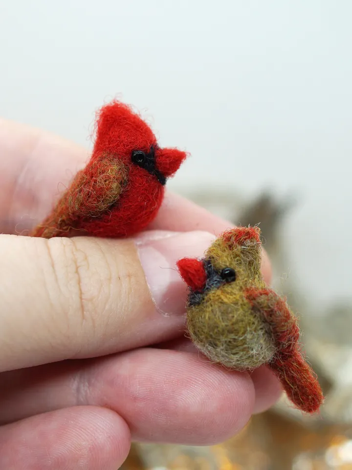 Tiny needle felted cardinal, miniature bird, female Northern cardinal, made to order
