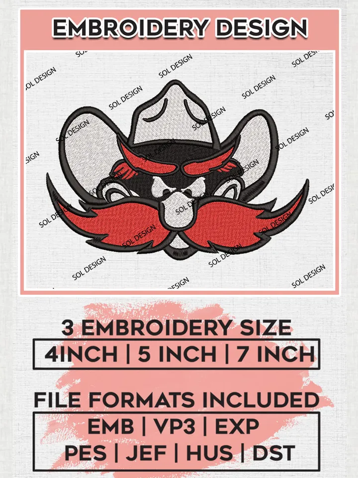 Texas Tech Red Raiders Mascot Embroidery Designs, NCAA Logo Embroidery Files, NCAA Texas Tech Red Raiders Logo, NCAA Embroidery Designs, Machine Embroidery Designs, Digital Download