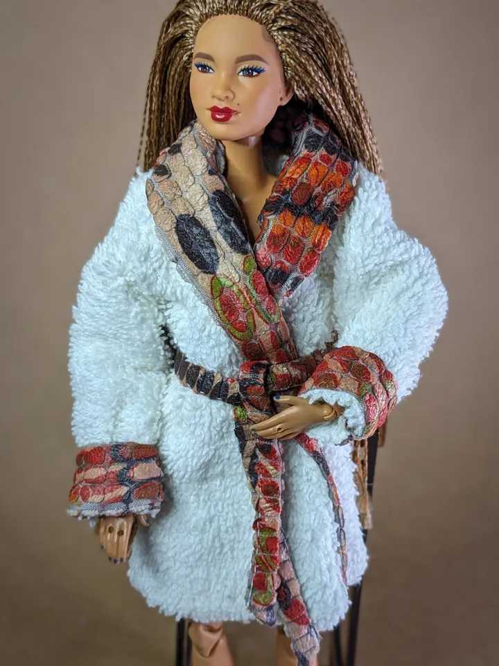 Handmade white & brown terry bathrobe for 1/6 scale fashion female dolls