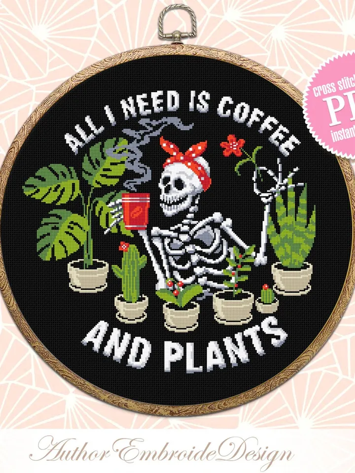 Skeleton plants cross stitch pattern PDF download All i need is coffee and plants, Skeleton cross stitch, Gothic coffee cross stitch #P40