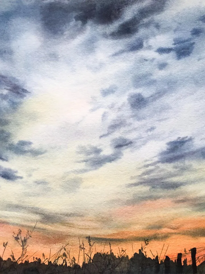 Sunset Original Painting Watercolor Landscape Sunrise Cloud Wall Art