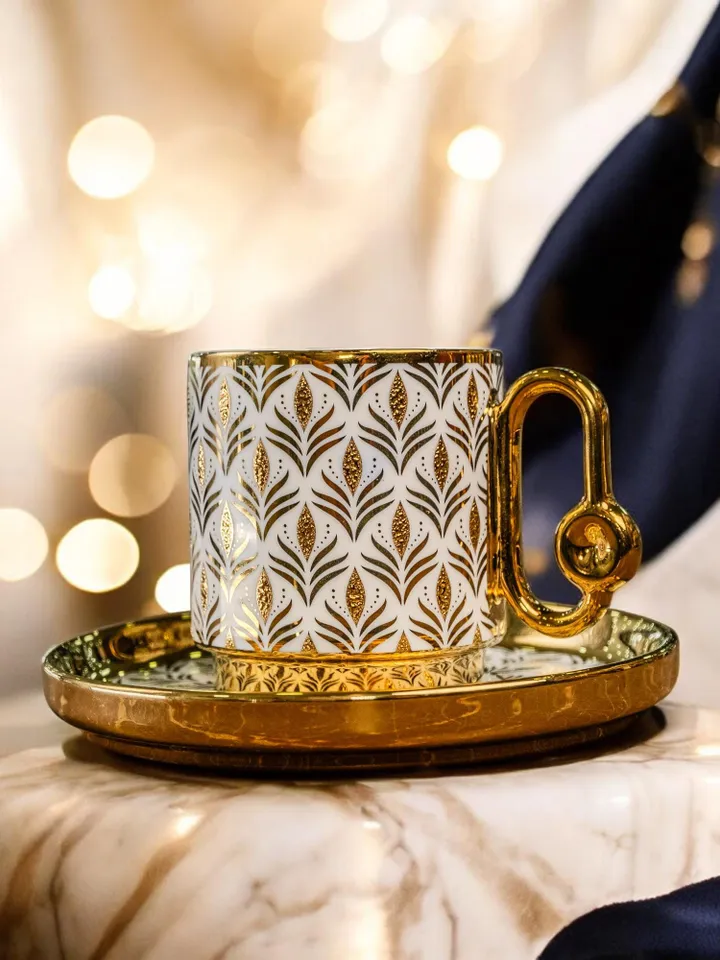 14K Genuine Gold Powder Porcelain Tea Cups And Saucers | Tea Cups Saucers Set | Gold Porcelain Set | Elegant Teaware | Gift For Tea Lovers