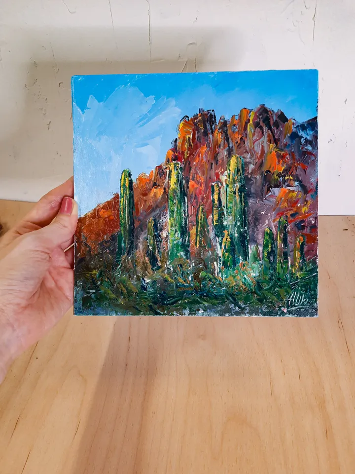 Arizona painting Oil painting Saguaro cactus painting Mountain landscape art Desert painting National park art