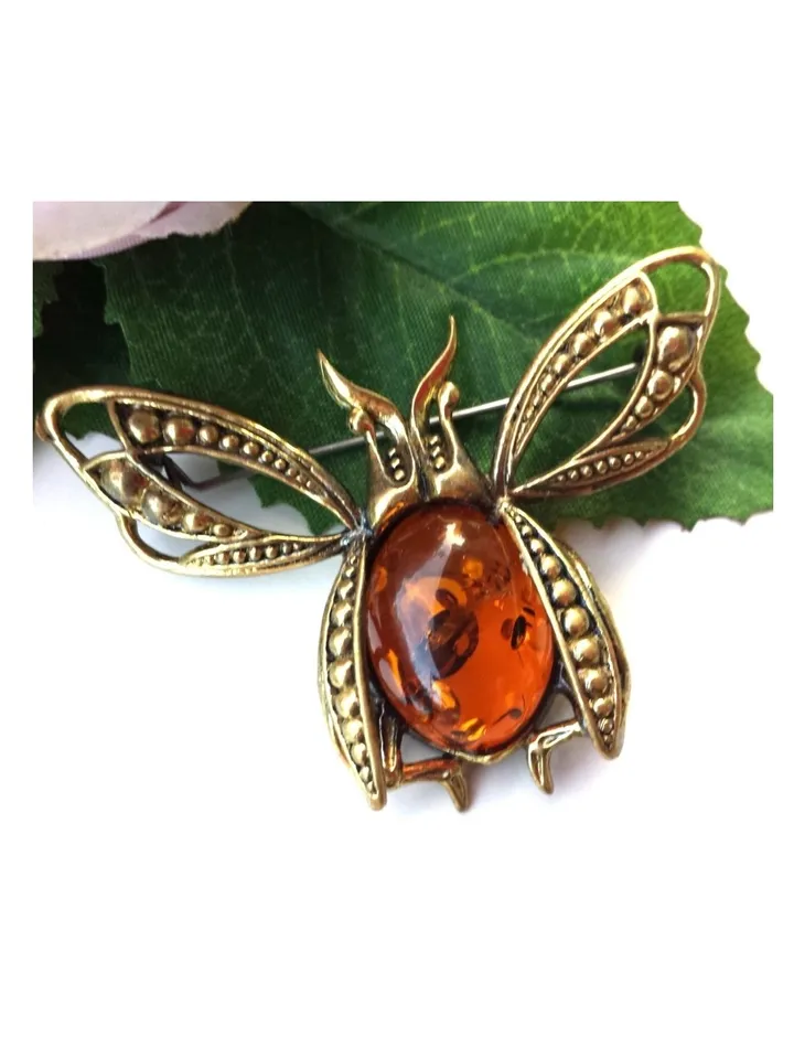 May Beetle Insect Brooch Nature Jewelry for Women and Men Gold Brass with Amber Jewelry Spring Summer Brooch on Dress Jacket