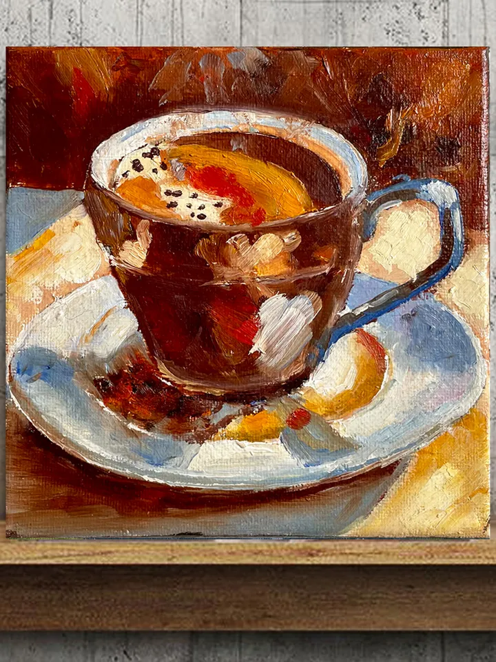 Coffee Cup Oil Painting, Small Original Kitchen Wall Decor, Bar Cart Decor 6"x6"
