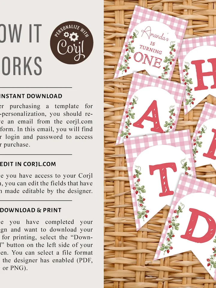 Editable Pink Gingham Berry First Birthday Banner Template Berry First Garland Berry Flags Digital Strawberry Birthday Party Decor i122