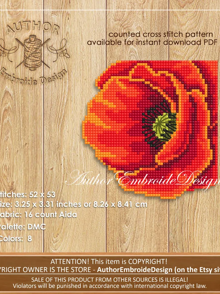 Corner bookmark cross stitch pattern PDF download Poppy cross stitch chart, Flower bookmark pattern digital PDF, Bookmark for women #B312